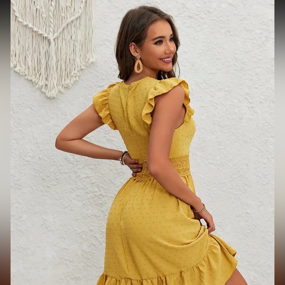 Dot Lace Yellow V-Neck Ruffle Trim Dress - Picture 2 of 2
